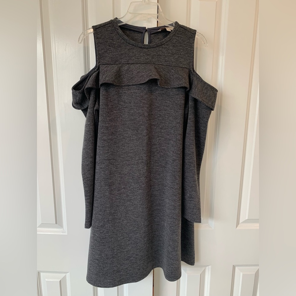 LOFT cold shoulder gray ruffle dress. Like new.